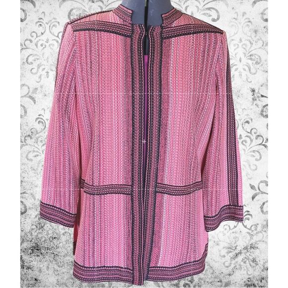 Ming Wang Womens M Open Front Knit Jacket Pink Black Trim Textured Blazer - Picture 2 of 10